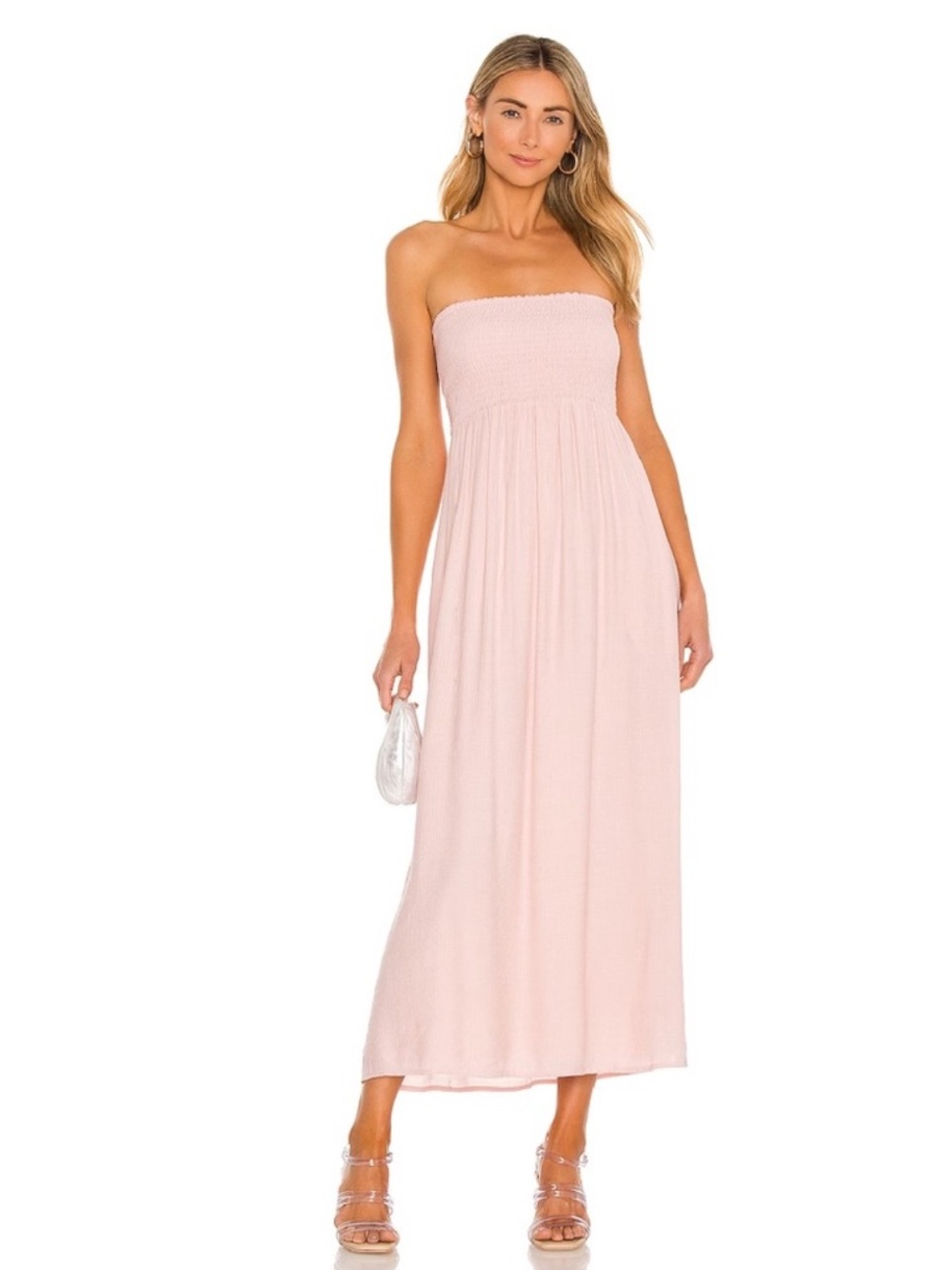 Lovers + Friends Fielle Dress Smocked Bust Pull On Midi Dress Pockets Pink M